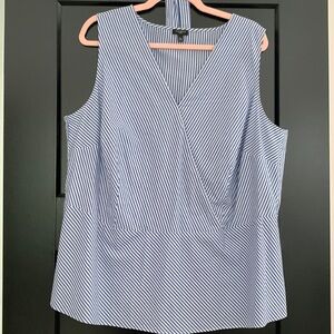 Talbots Blue & White Striped V-neck, Sleeveless Blouse w/tie. Size 16W.